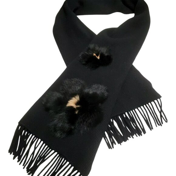New Portolano Lambs Wool Blend Scarf Fur Flowers Angora Rabbit Black Wrap 12x70 - Picture 1 of 10